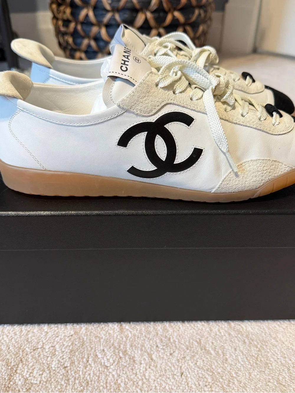 CHANEL White & Black Leather Sneakers
